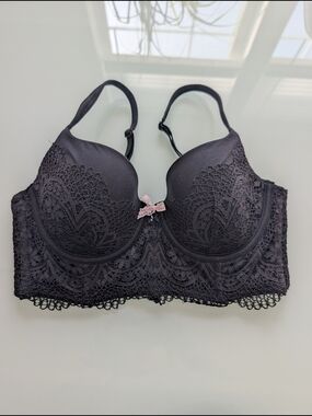 Victoria's Secret Black Lace Longline Bra with Pink Bow Accent